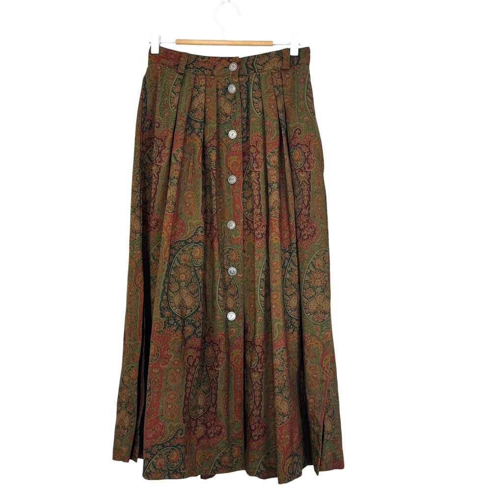 Schneiders Salzburg Vintage Wool Paisley Maxi Skirt Button Front Green Red 12